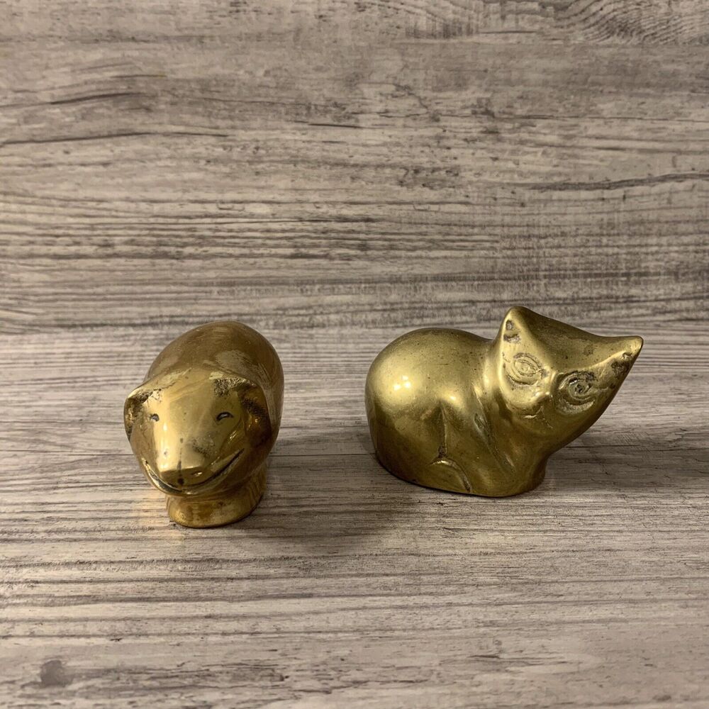 2 Vintage Mann Solid Brass Pig And Cat Figures Paperweights Small 1978 MCM Boho